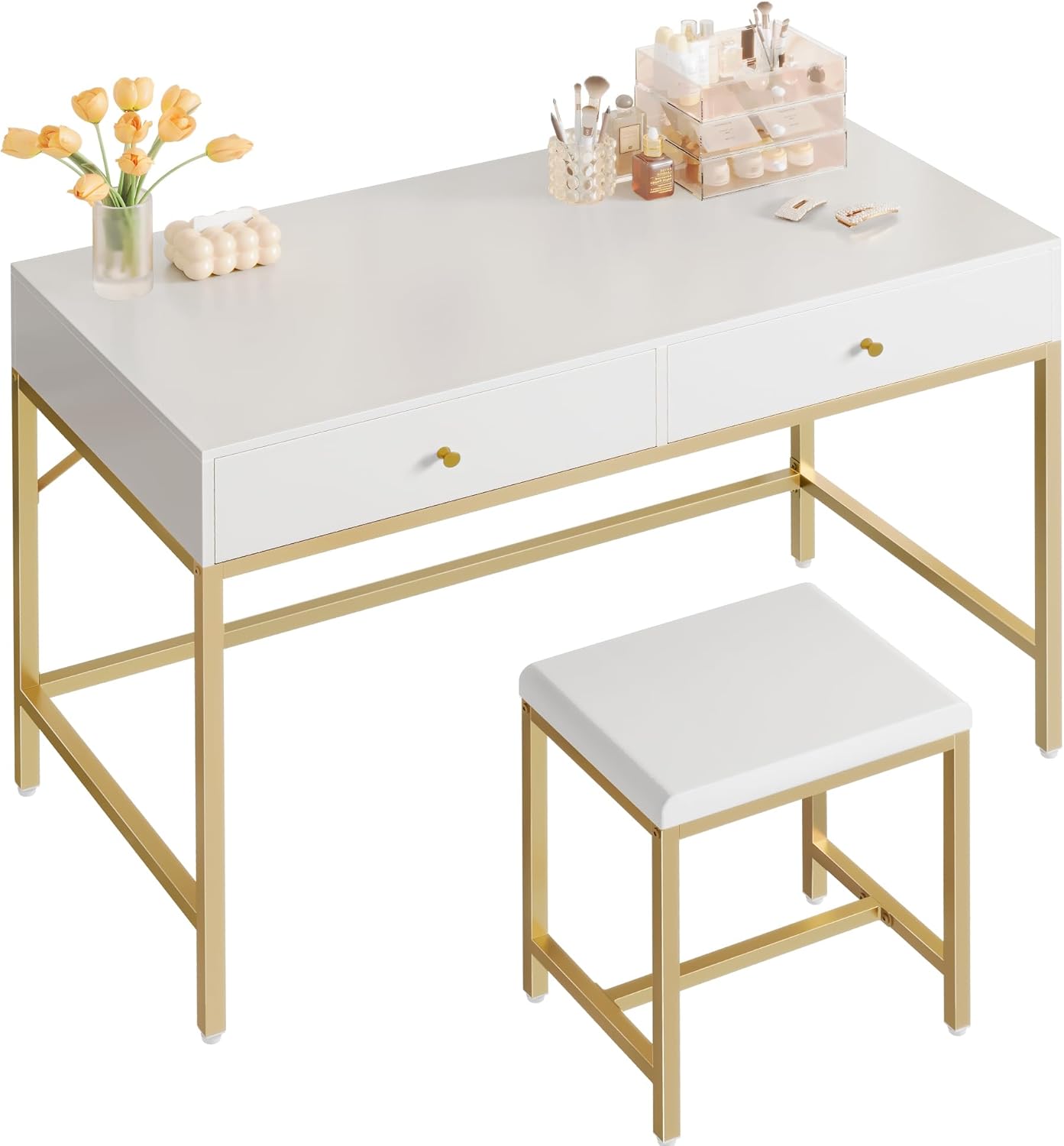 SUPERJARE 43-inch White and Gold Desk with 2 Drawers and Padded Stool, Modern Makeup Vanity Desk, Computer Desk with Storage, Home Office Desk Study Desk for Writing, Bedroom