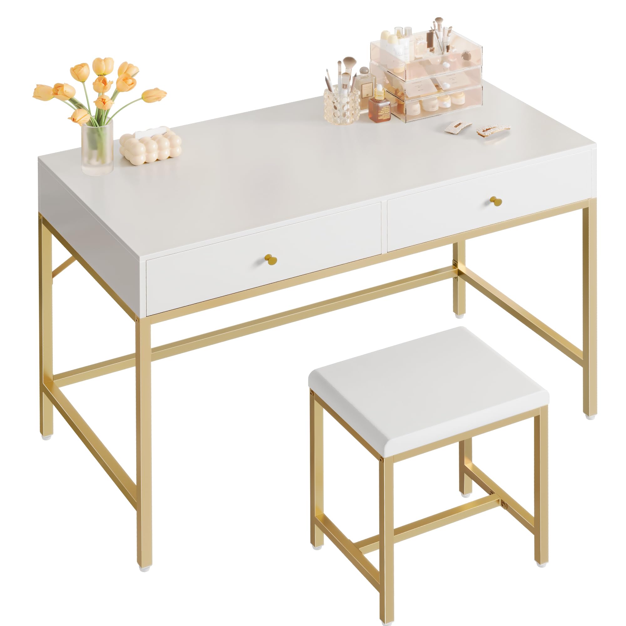 SUPERJARE 43-inch White and Gold Desk with 2 Drawers and Padded Stool, Modern Makeup Vanity Desk, Computer Desk with Storage, Home Office Desk Study Desk for Writing, Bedroom