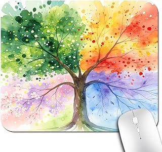 Four Seasons Rainbow Tree of Life Mouse Pad, Abstract Nature Art Desk Mat | Anti-Slip Rubber Base, Silky Smooth Surface, Cute Fantasy Colorful Watercolor Painting Office/Gaming Mousepad