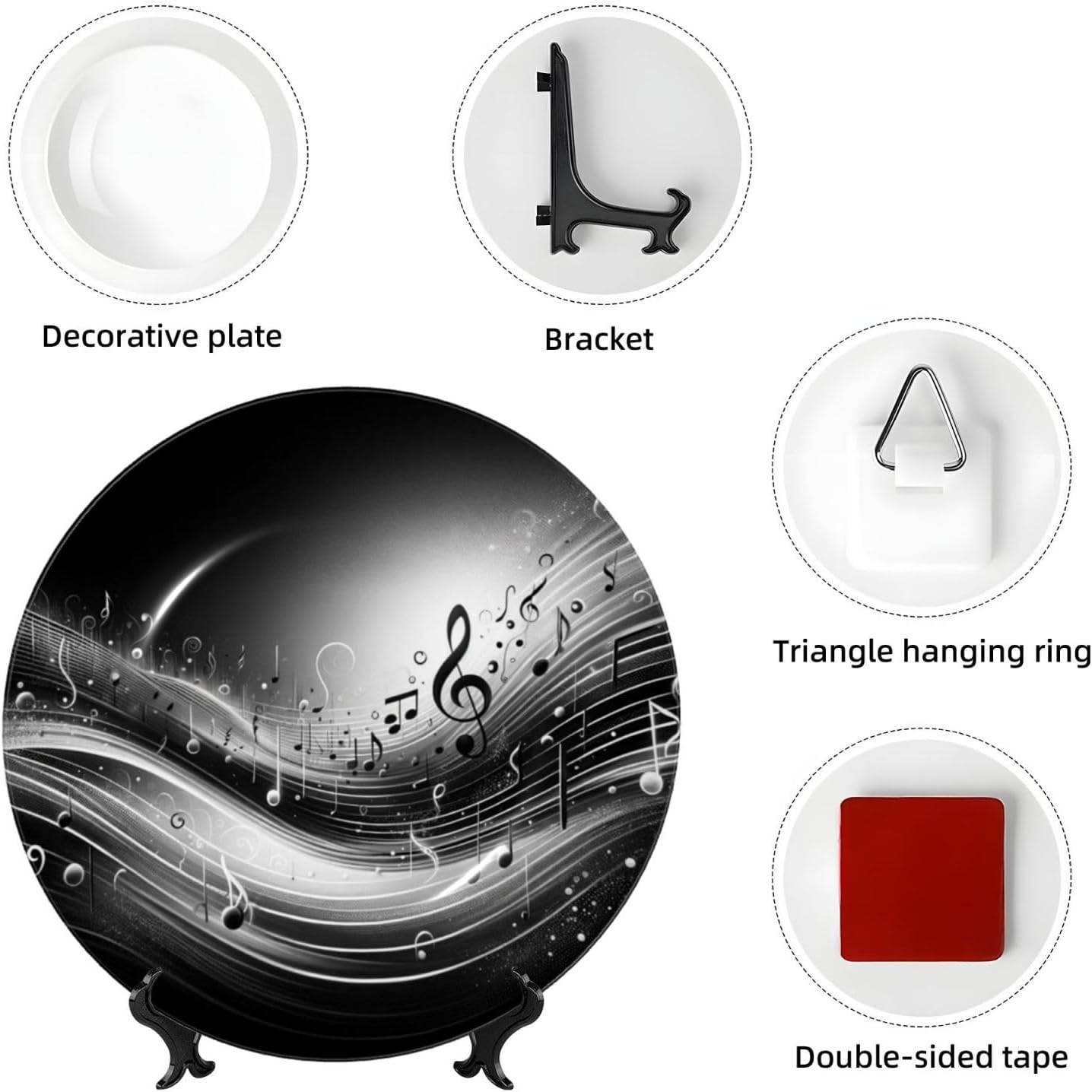 Black-Music-Notes 10 Inch Decorative Plate With Stand, Elegant Display Wall Plate For Home Decor