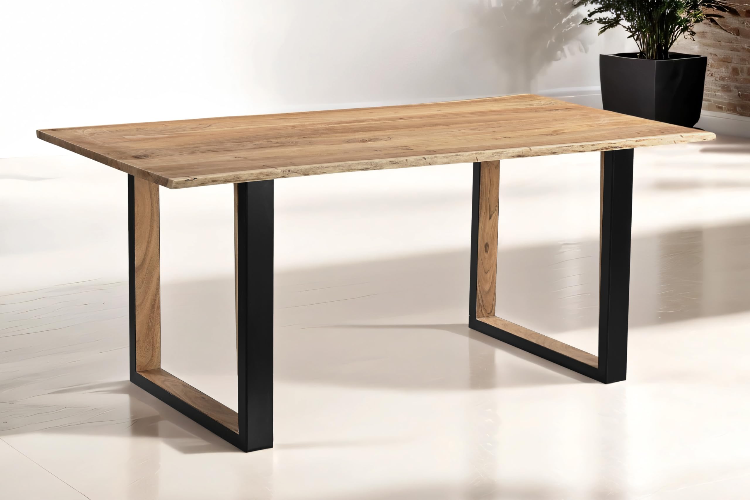 SAM Esstisch Brisbane 140x80 cm Akazie Natur Baumkante U Holz/schwarz | Baumkantentisch massiv, Akazienholz naturfarben, Holz-Inlet innen, Metallgestell, pflegeleichter Esszimmertisch
