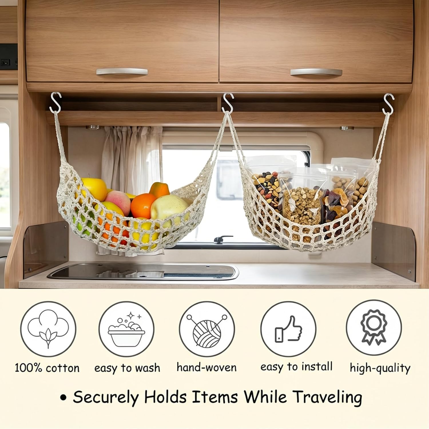 Hanging Fruit Hammock Under Cabinet, Storage Veggie Net(WHITE)