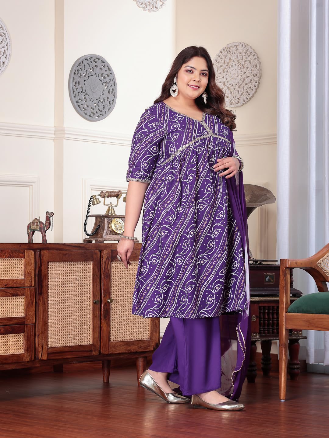 Stylum Plus Size Women Bandhej Printed Rayon Naira Cut Kurta Palazzo Dupatta Set (Kpdvoilcharliplus46_Violet, 3Xl)