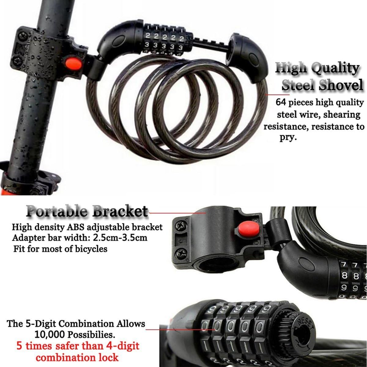 ANKIA Bike Lock Cable,High Security 5 Digit Resettable Combination Self Coiling Cable Bicycle Lock with Complimentary Mounting Bracket,12mmx1.2m / 1/2 Inch x 4 Feet Anti-Theft Bike Locks (Black)