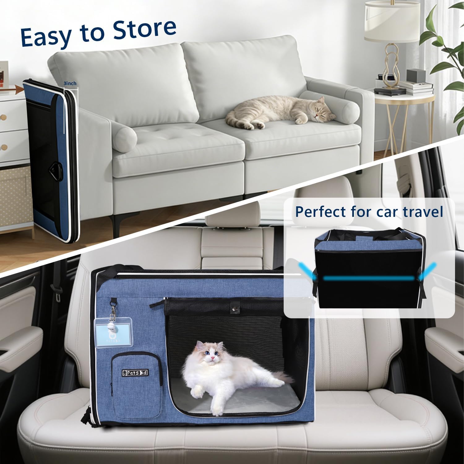 Petskd Extra Large Cat Carrier with Litter Box for Car Travel,24"x17"x17"Portable Soft-Sided Pet Carrier with Zipper Locks for Large Mudium Cats or 2 Small Cats Under 55LBS(Blue)