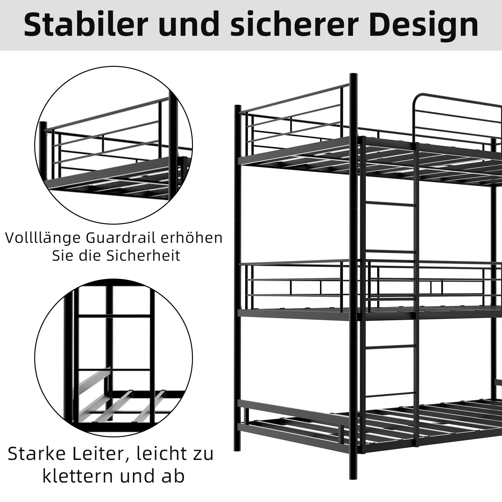 Letto a castello a tre piani, 90 x 190 cm, con scaletta, in metallo nero, per bambini/adolescenti/adulti, camera da letto/dormitorio (senza materasso)