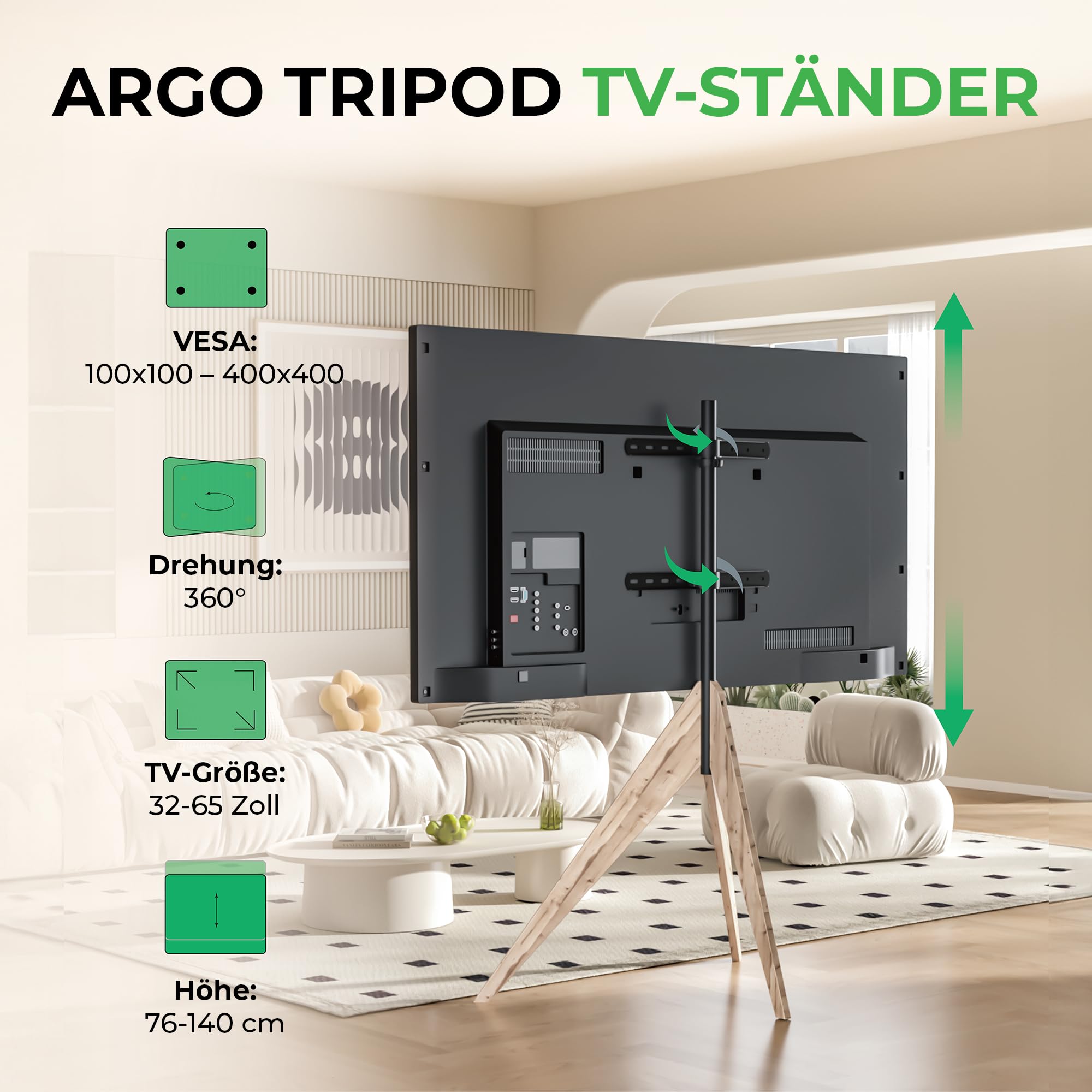 Argo Tripod TV Ständer, Höhe bis 140 cm, Drehbar 360 Grad, für TV ca. 26-65 Zoll, bis 40 kg, max. VESA 400x400mm, TV-Standfuss gealterte Eiche