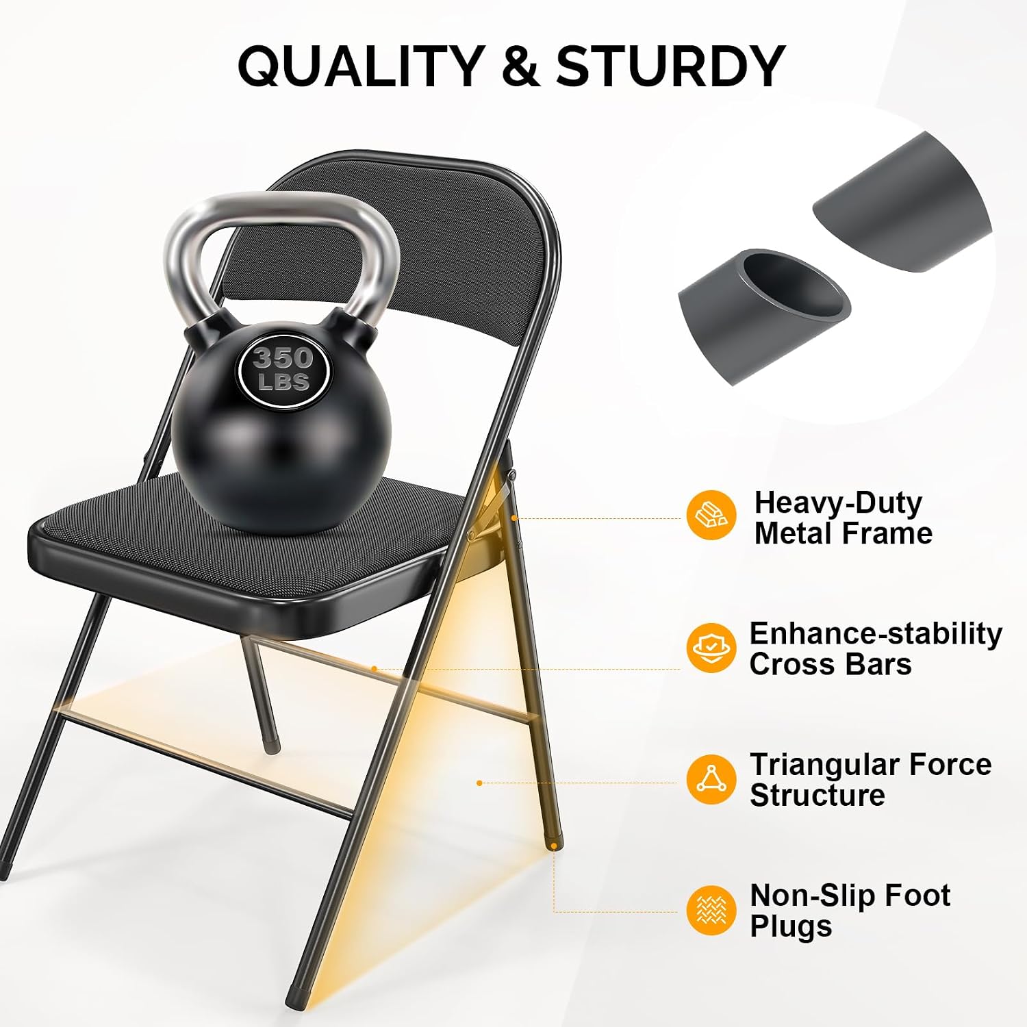 Bonnlo Folding Chair, Fabric Padded Folding Chairs with Cushion, Back and Steel Frame for Indoor Outdoor Outside Dinning Office Camping Use, Black, 6 Pack
