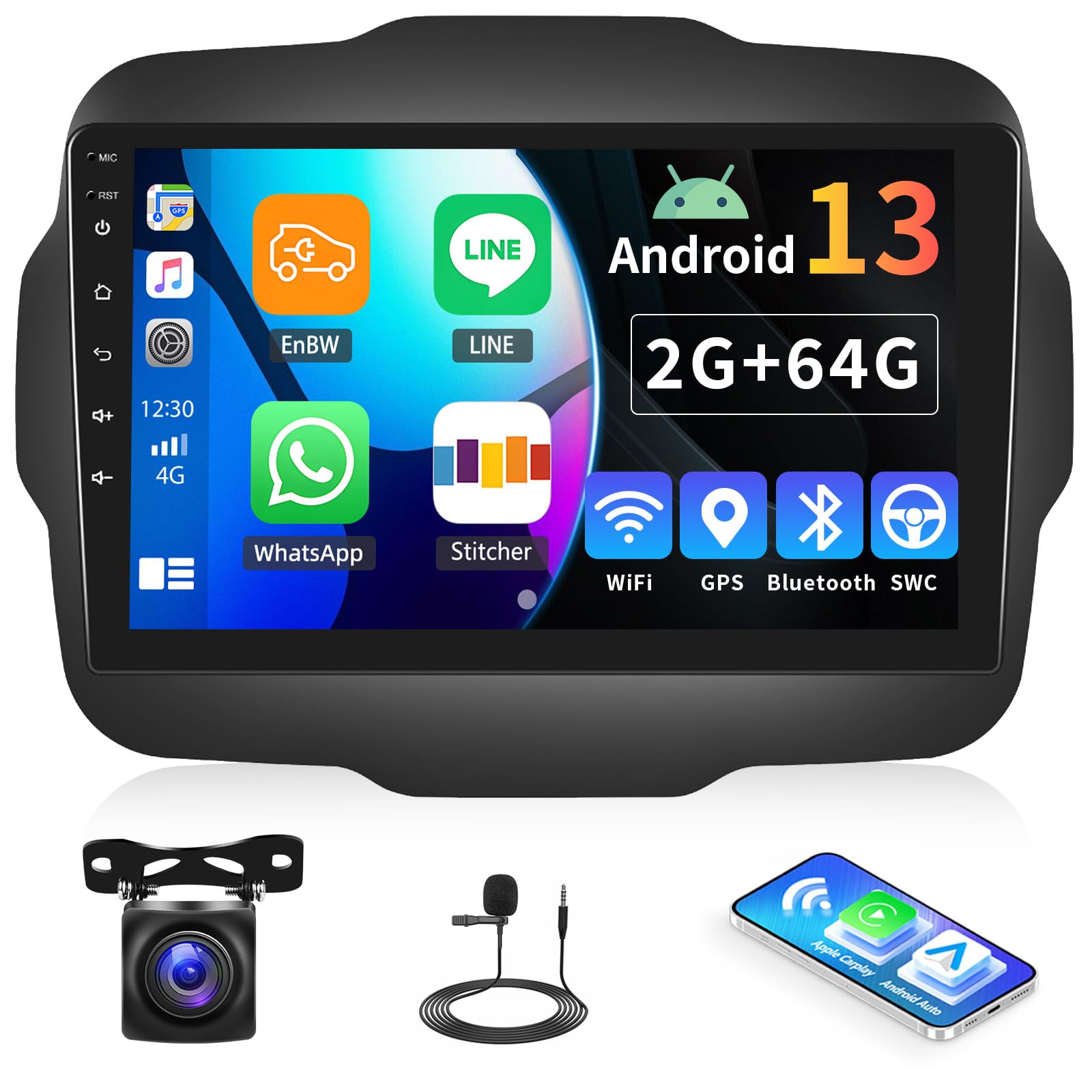 XTRONS Android 14 Car Stereo For Jeep Renegade, Octa Core 4 64GB Car Radio, 9 Inch Touch Screen GPS Navigation Bluetooth Head Unit Built-in DSP CarPlay Support 4G LTE OBD2 DVR TPMS - View #3