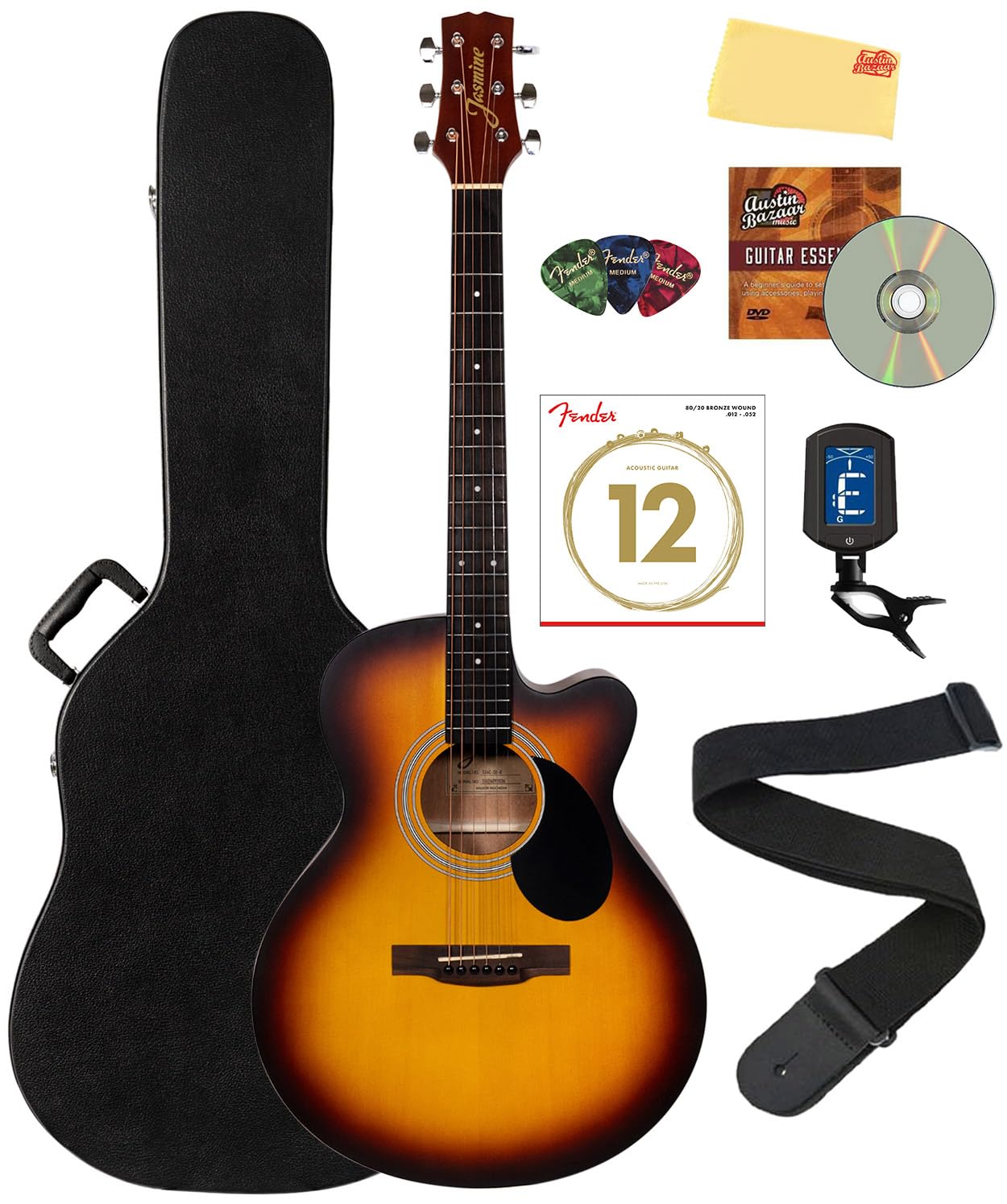 Jasmine S34C Orchestra Acoustic Guitar - Sunburst Bundle with Case, Tuner, Strings, Strap, Picks, Austin Bazaar Instructional DVD, and Polishing Cloth