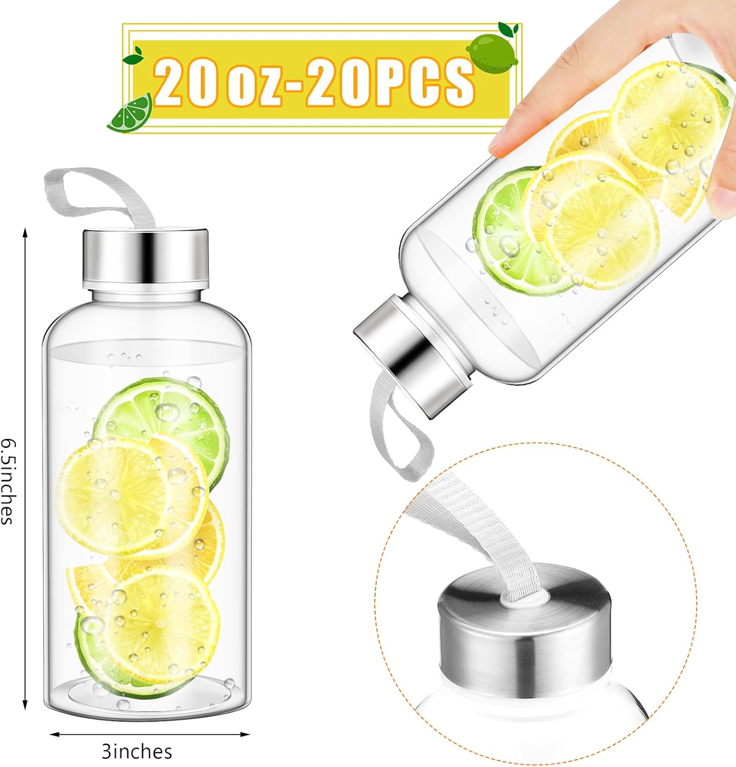 Zubebe Reusable Clear Water Bottles Bulk with Stainless Steel Leak Proof Lids Sports Bottles with Nylon Camying Strap for Party Gift Water Milk Smoothie Juice Beverage - Image 2