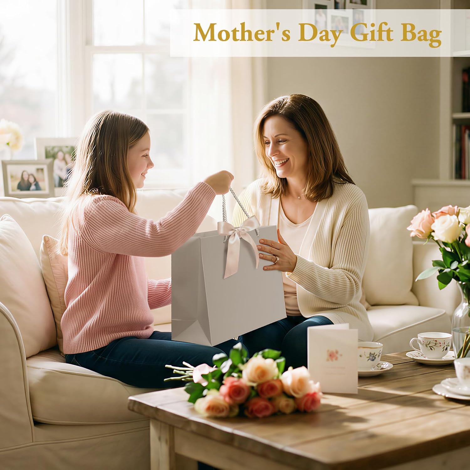 MESHA Gift Bags Set with handles and Bow Ribbon, 2 Greeting Cards and 1 Matching Envelope with 4 Tissue Paper ,1Pcs Champagne Luxury Portable Paper Gift Bag for Baby Shower Birthday Party Favor Wedding Graduation Mother's Father's Day