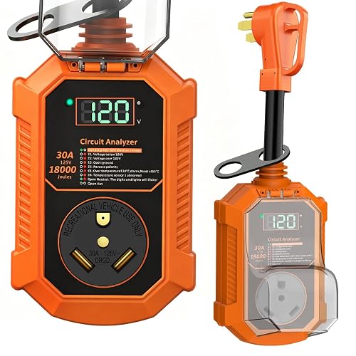 30 Amp RV Surge Protector, 𝟐𝟎𝟐𝟔 𝐍𝐄𝐖 18000J RV Circuit Analyzer with Real-Time LED Display, Voltage Monitoring IP68 RV Adapter Plug with Waterproof Cover for Camper Travel Trailer
