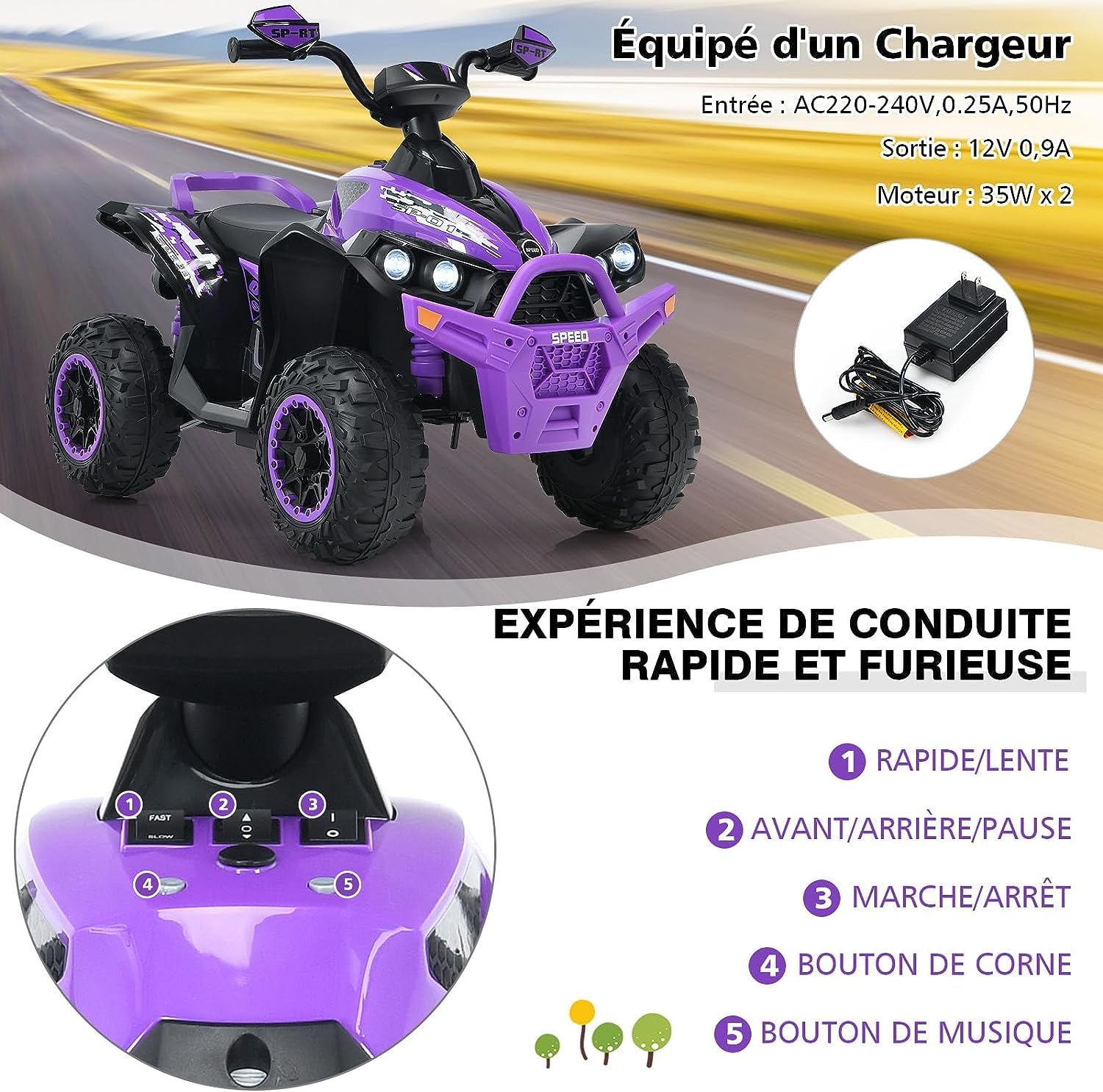 GOPLUS Quad 4x4 Électrique avec 2 Vitesses Réglables, Voiture Électrique Enfant 1 Place avec Lumières LED & Musique, pour Tout-Petit 3-8 Ans (Violet)