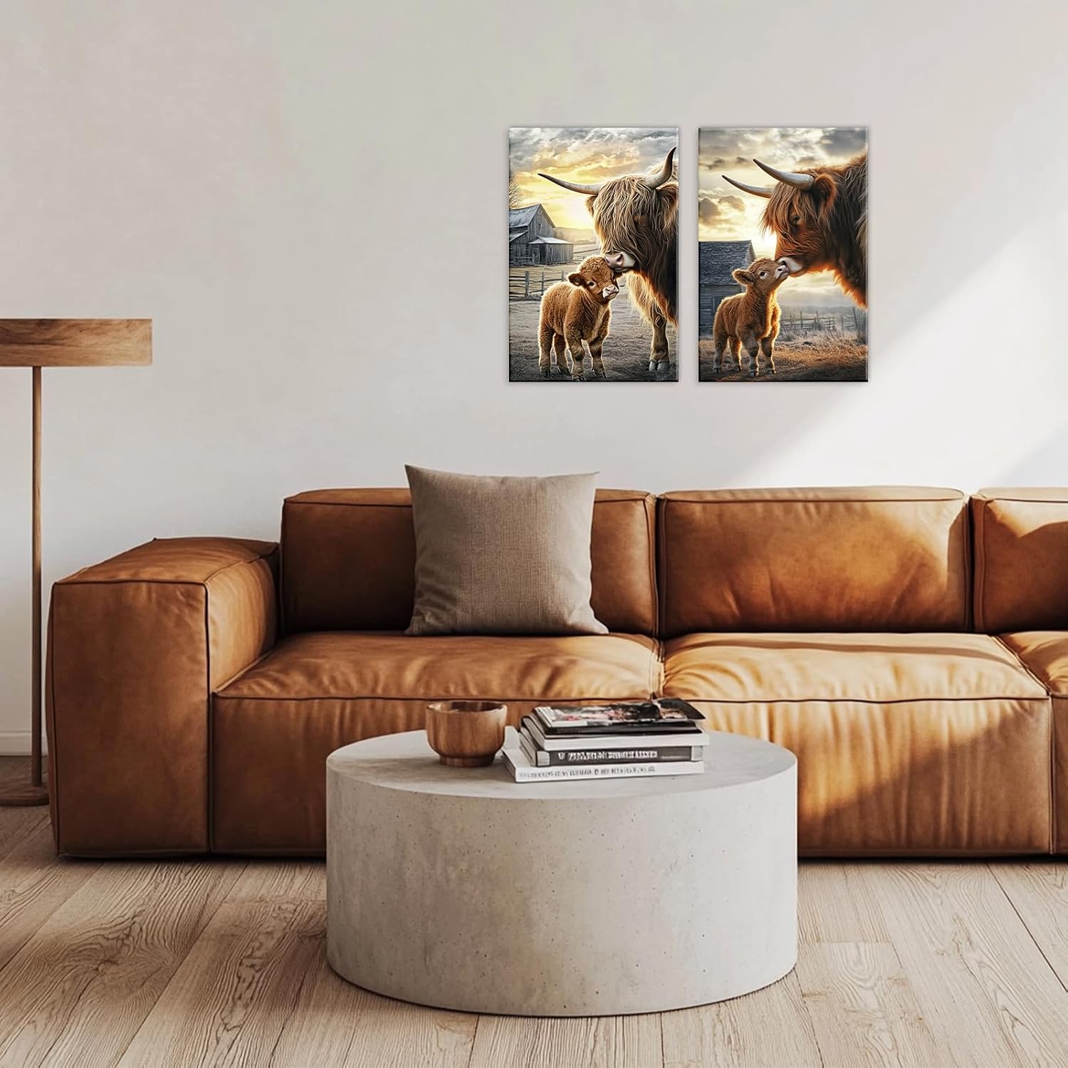 2 Piece Highland Cow Wall Art Farm Landscape Picture Print Cow Family Poster Farmhouse Modern Artwork Framed for Living Room Home Hallway Decor(Artwork-4,12"x16"x2pcs)