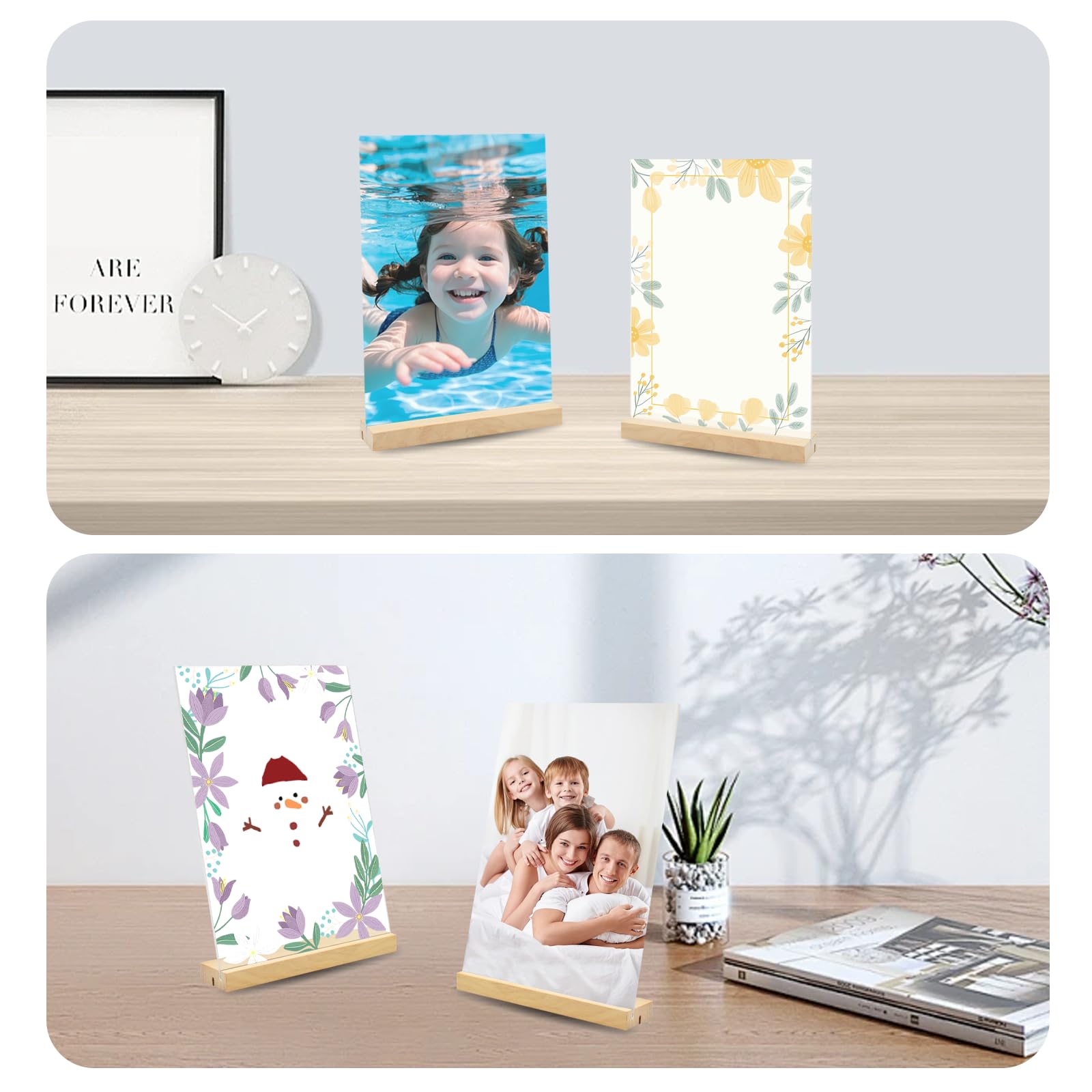 Présentoirs de Table A5, Lot de 6 Forme L/T Support Affiche A5 Plaque Acrylique, Double Face Porte Menu avec Pied en Bois, Support Feuille pour Exposition Café Bureau école-148*210mm