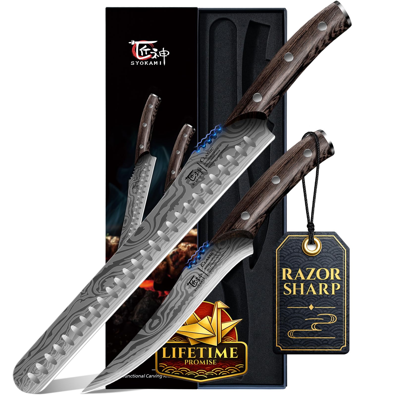 SYOKAMI Fleischermesser Set 2-teilig, Küchenmesser zum Schneiden von Fleisch, Hackmesser, Ausbeinmesser & Zerlegemesser, Japanischer Stil aus Hochkohlenstoffstahl, Zum Hacken, Schneiden, Ausbeinen