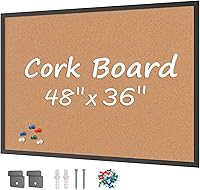 Board2by 36x48 Large Cork Bulletin Board, Black Wood Frame Wall Mounted Notice Pinboard with 18 Push Pins for Home Office School