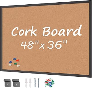 Board2by 36x48 Large Cork Bulletin Board, Black Wood Frame Wall Mounted Notice Pinboard with 18 Push Pins for Home Office School