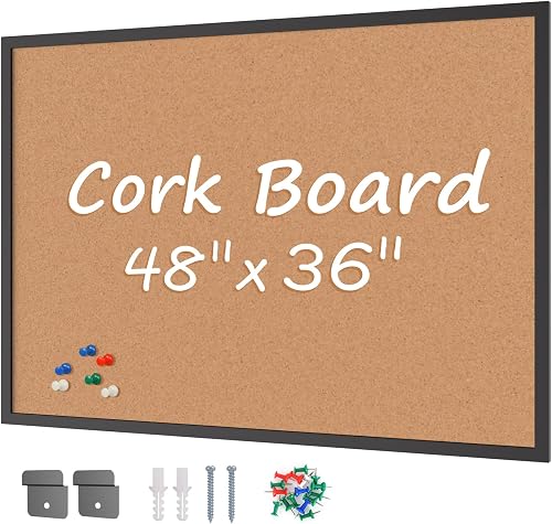Cork Board Bulletin Board 36 x 48, Black Wood Framed 4x3 Corkboard, Office Board for Wall Cork, Large Wall Mounted Notice Pin Board with 18 Push Pins for School, Home & Office