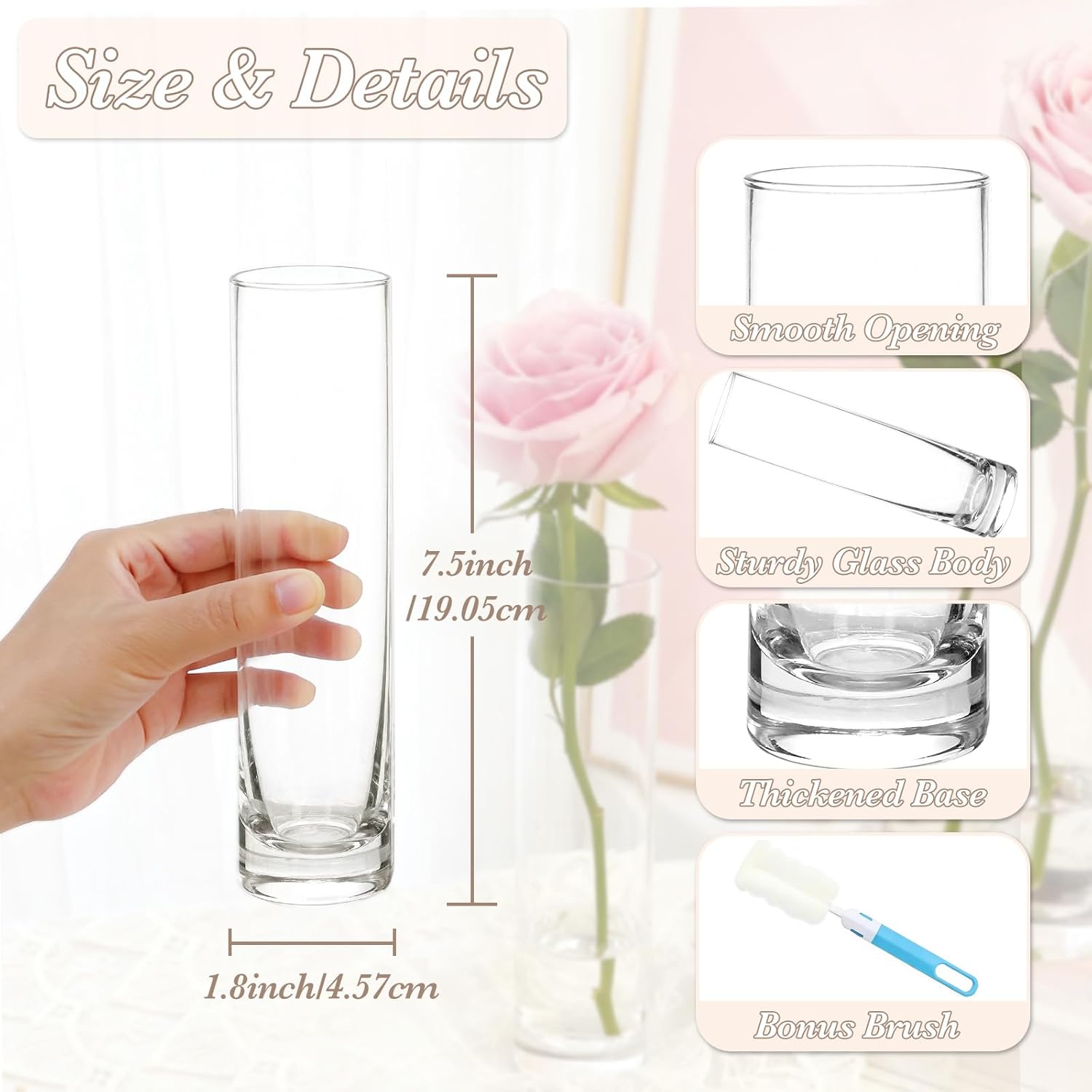 12pcs Glass Cylinder Bud Vases for Centerpieces, 7.5 Inch Clear Slim Flower Vases for Single Stems, Small Glass Vases in Bulk for Wedding Table Party Home Decor
