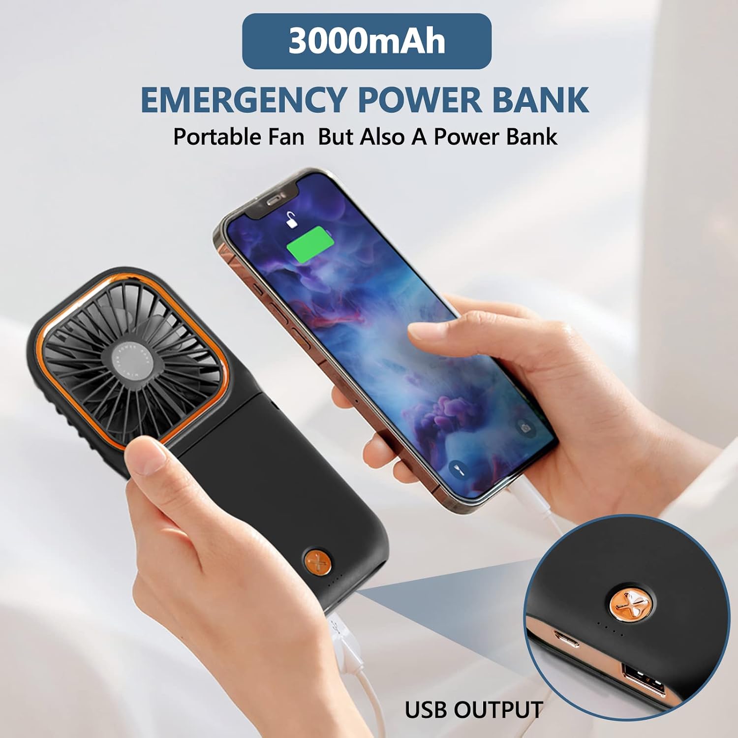 Portable Handheld Fan with Phone Holder, 3000mAh Power Supply Rechargeable Neck Fan with USB Output, Foldable Small Fan 0-180° Adjustable, Ultra Quiet Personal Cooling Fan for Travel Office Home