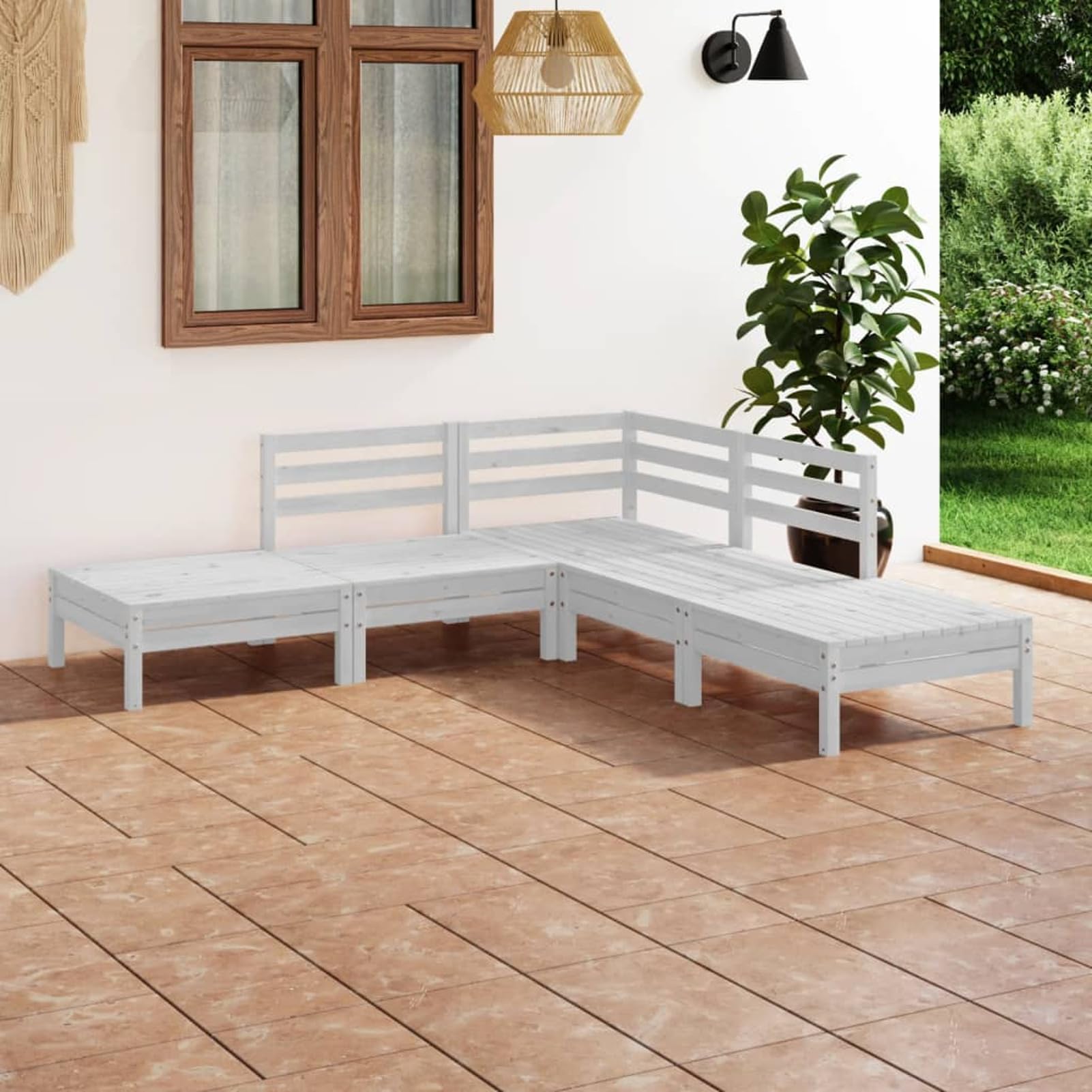 Salon de jardin 5 pièces en bois de pin blanc pour repas en terrasse