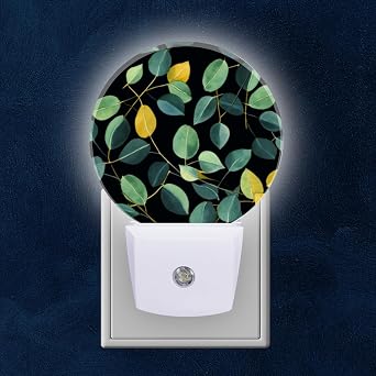 Round LED Night Lights Lamp with Dusk to Dawn Sensor, Eucalyptus Leaves Pattern On Black Background With Color Variety Night Light Plug Into Wall for Kids Room, Bedroom, Bathroom, Kitchen, Hallway