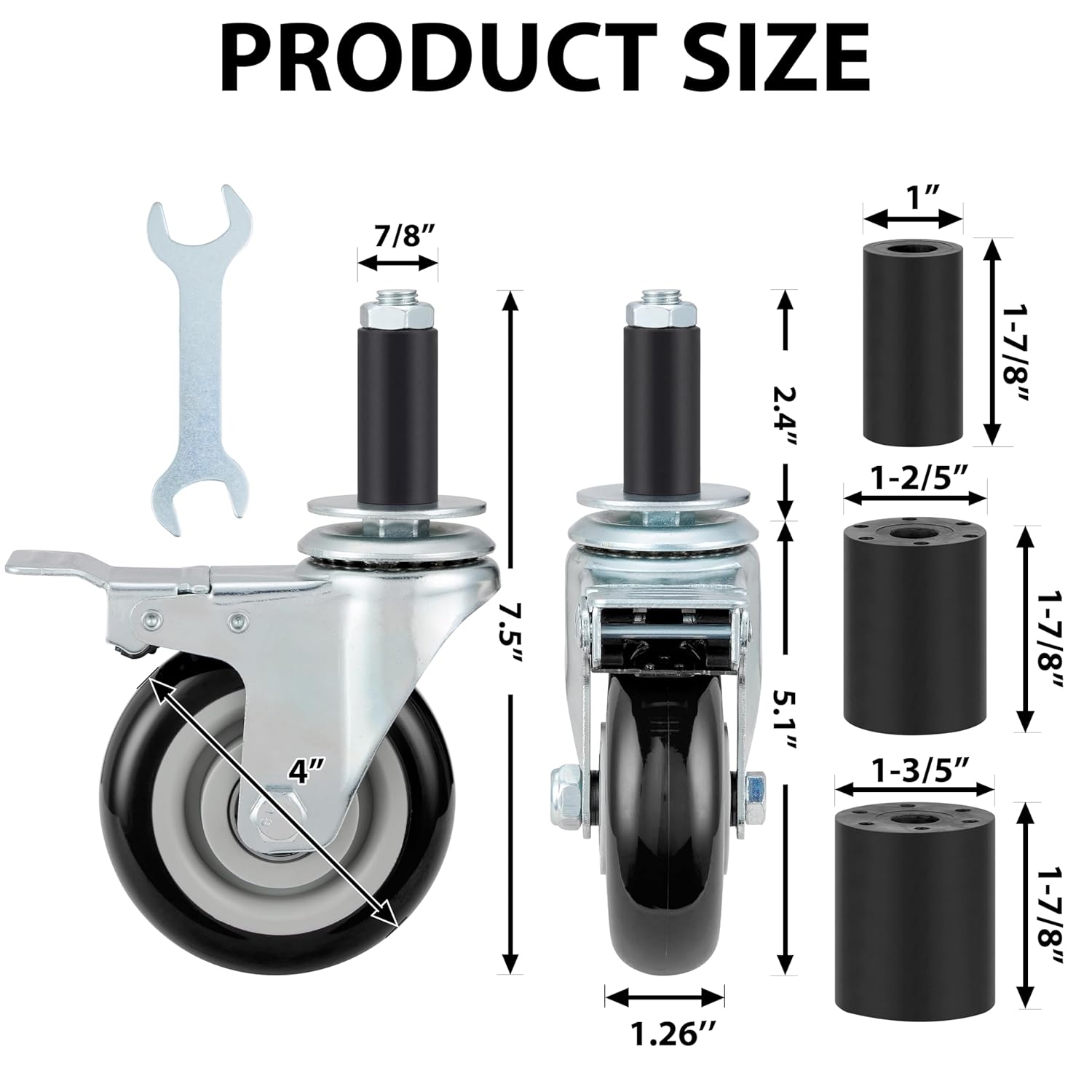 Finnhomy 4 Inch Prep Table Cater Wheels Set of 4 Heavy Duty Expanding Stem Casters Fit 7/8", 1", 1-1/2" and 1-5/8" Tube Leg with Brake for Stainless Steel Furniture Legs, Worktable, Kitchen Workbench