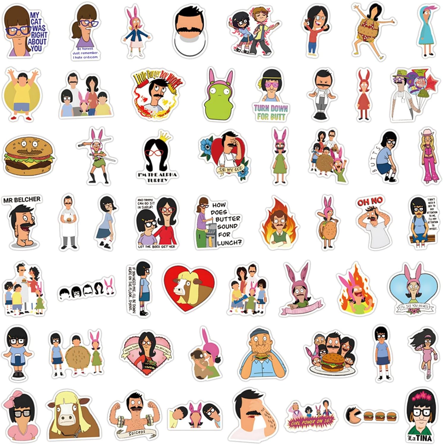 110Pcs Bobs Burgers Stickers Cool Cartoon Movie Stickers, Vinyl Waterproof Sticker for Laptop, Guitar, Water Bottle, Birthday Gifts for Girls, Kids, Teens (Bobs Burgers) - Image 7