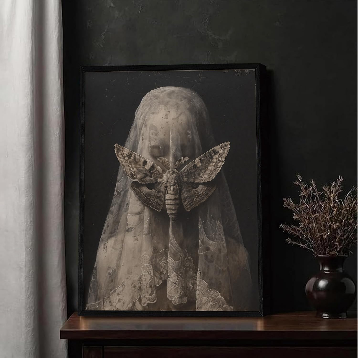 WOKAOGO Black Framed Wall Art Veiled Woman with Moth Wall Decor Dark Academia Canvas Art Gothic Pictures Vintage Paintings Victorian Prints Moody Artwork for Bedroom Bathroom