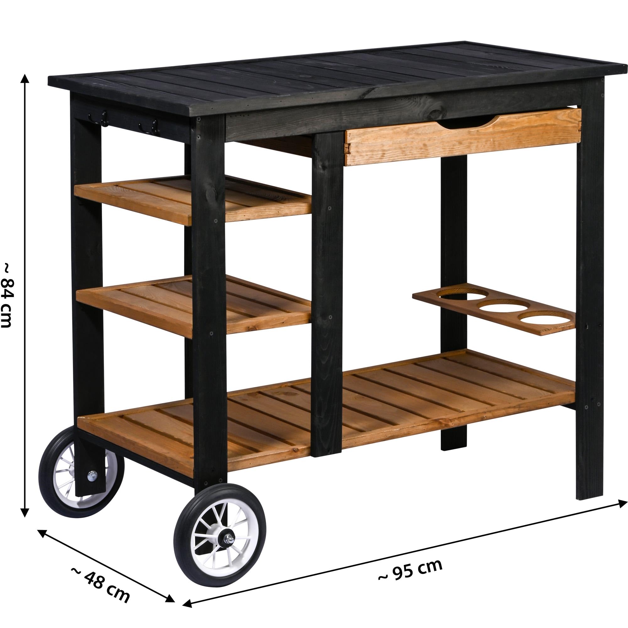 dobar Carrello per barbecue da esterno con cassetto e ripiano portaoggetti – Trolley per barbecue su ruote con manico e supporto per bottiglie – Tavolo per barbecue per terrazza e giardino – Nero