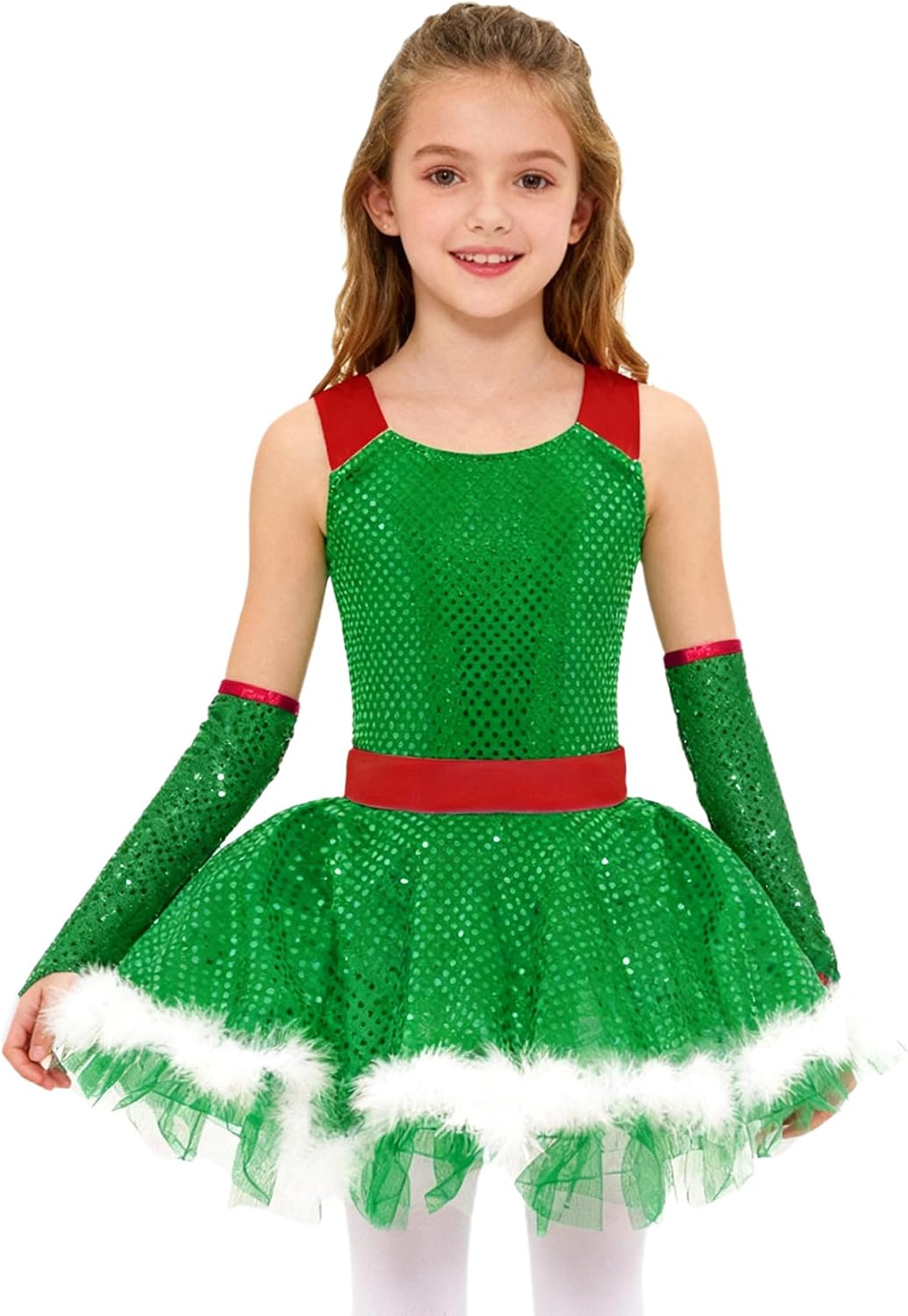 Girls Kids Christmas Santa Claus Outfits Ballet Dance Dress Figure Ice Skating Dress with Oversleeves