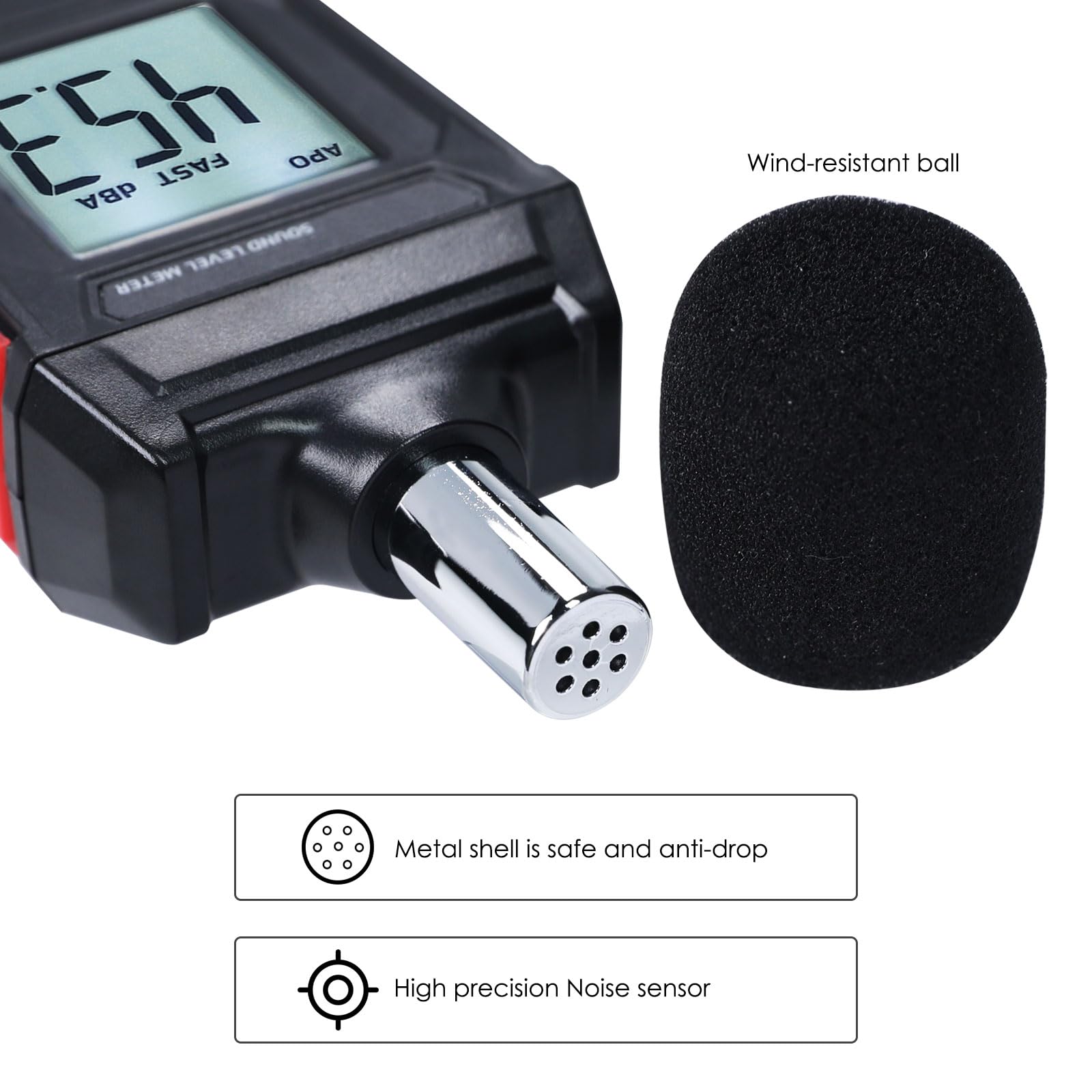 Medidor de decibelios Lector de nivel de sonido portátil SPL medidor de 30 a 130 dB máx/min alarma de retención de datos con retroiluminación pantalla LCD A/C ponderado medidor de decibelios de ruido