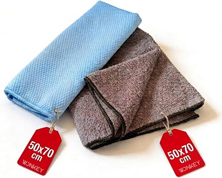 WONKEY - Microfiber Car Drying and Glass Cloth Set | Vehicle and Engine Drying Towel + Automobile Motorcycle Glass Cloth, Auto Cleaning Set - 50x70 cm Set of 2