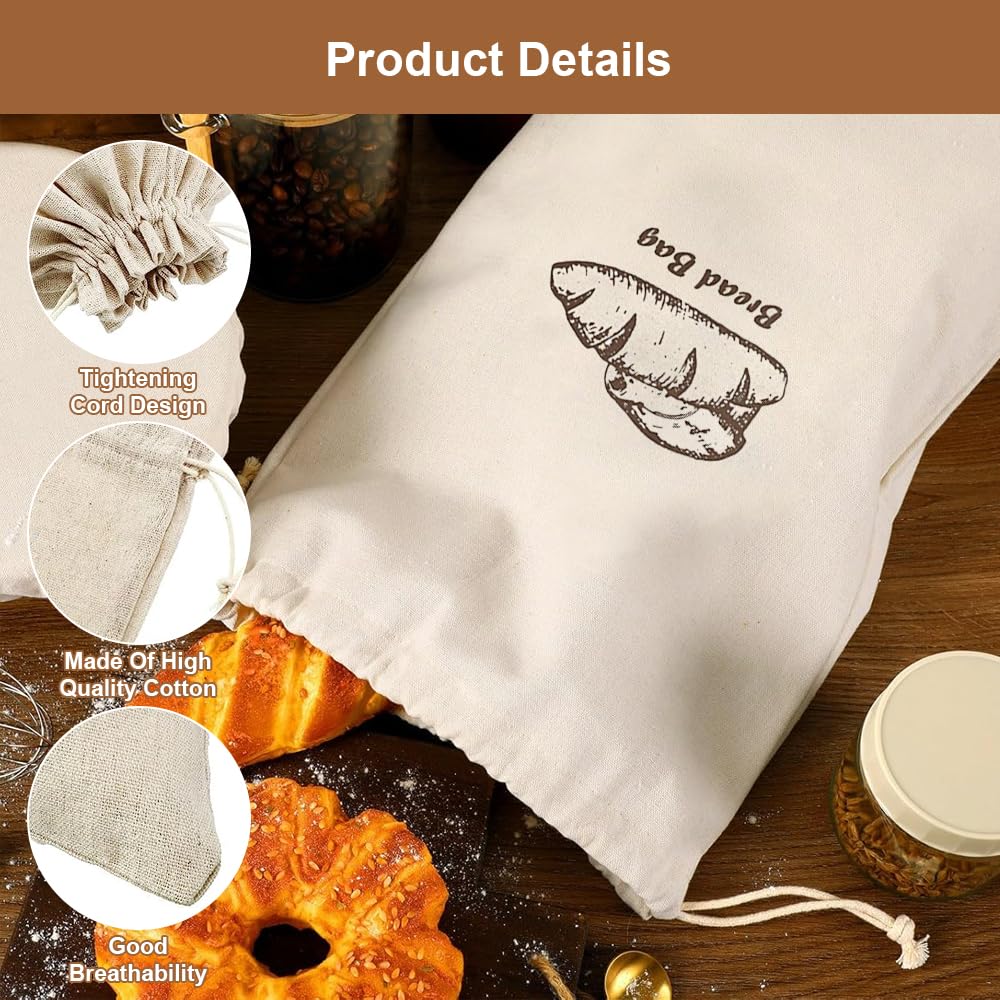 Sac à Pain Tissu Réutilisable 44 x 29 cm avec Cordon de Serrage pour Cuisine, Pain, Fruits et Légumes