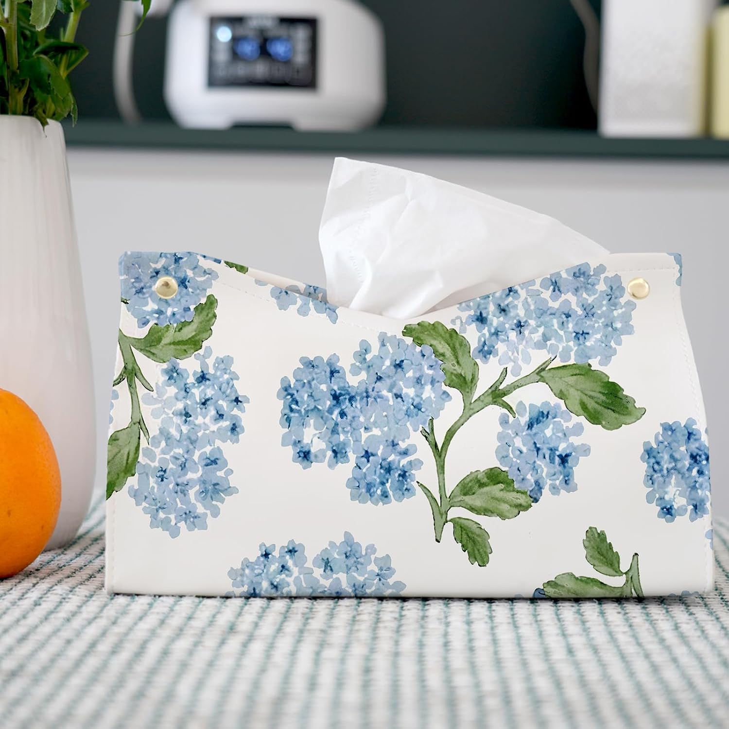 Blue Hydrangea Floral Tissue Box Cover Rectangle,Blue Flower Decorative Tissue Holder,Summer Spring Cottagecore Botanical Tissue Case for Home Bathroom Office Desk Decorative,9.8x5.9x7 Inch