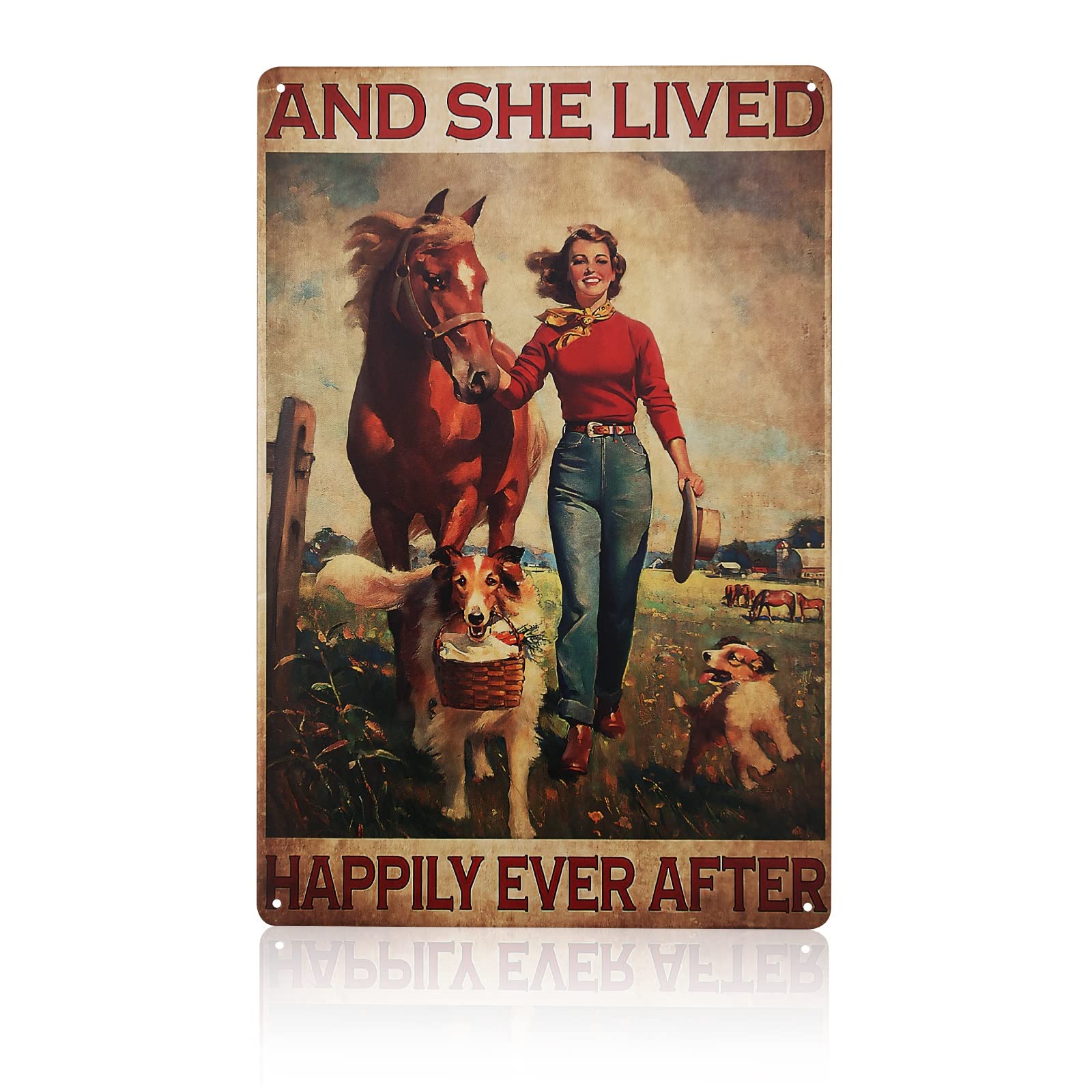 ManRule And She Lived Happily Ever Afte Sign, Retro Metal Signs Aesthetic Room Decor for Girls Room Wall Art, Horse and Dog Signs for Wall Decor, 12X8 inches