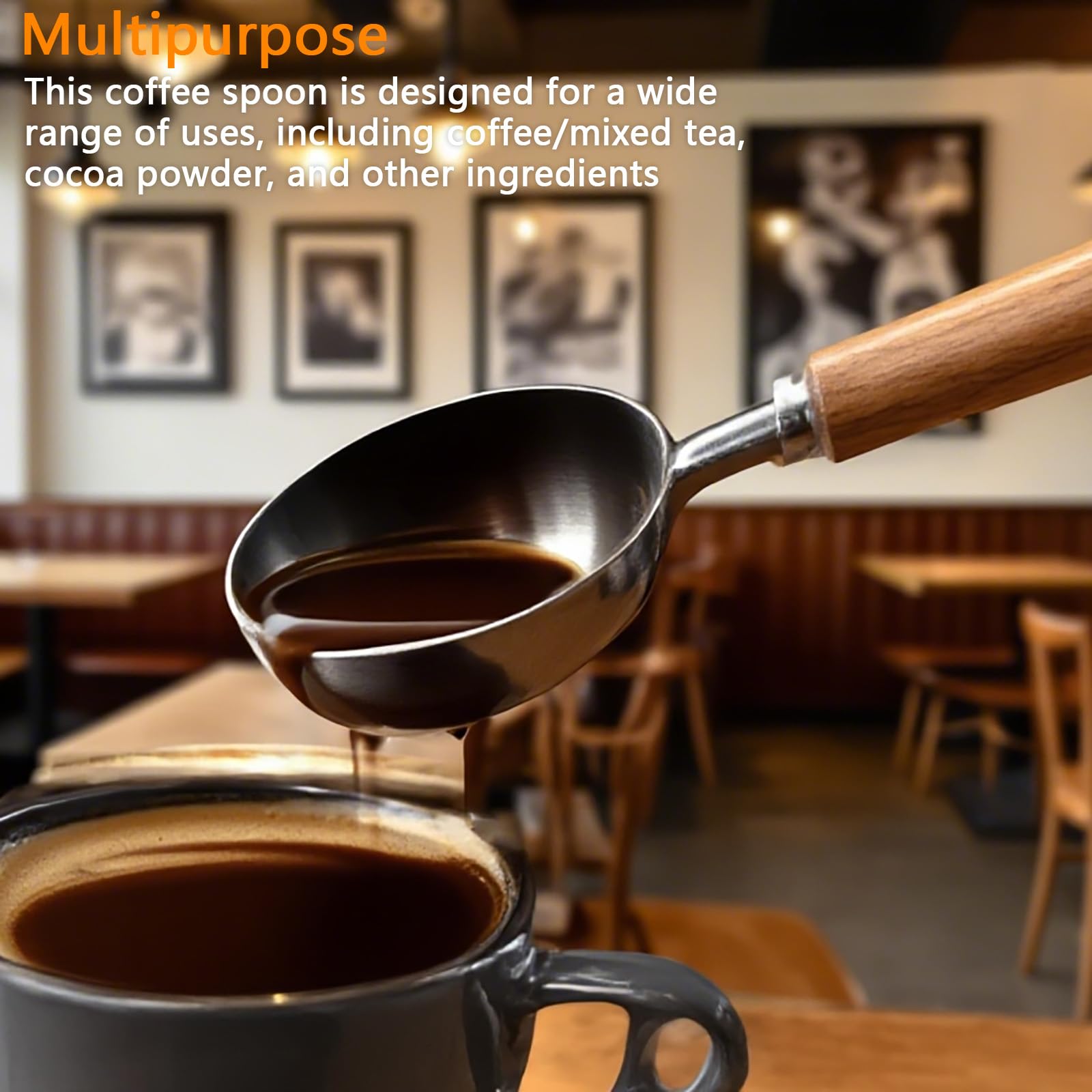 Cuchara de café de acero inoxidable con mango de nogal, cuchara medidora de metal para café molido, espresso, sales de baño, fórmula, cuchara multiusos duradera (negro)
