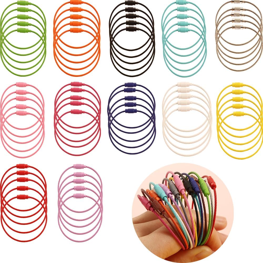 60 pcs 6.1inch Stainless Steel Wire Keychains Cable Luggage Tags Loops Key Rings Loops Tag Keepers Multicolored Wire Ring (12 Colors)
