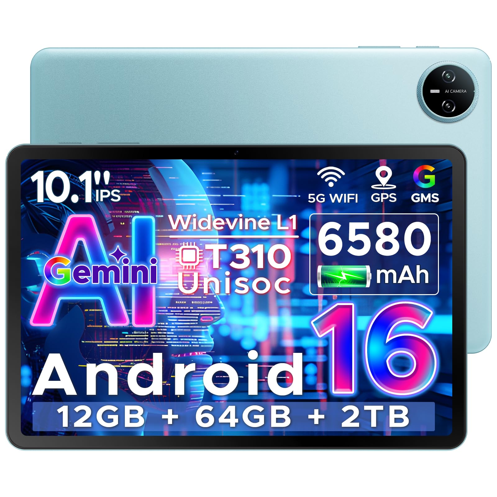DOOGEE Tab A9 Android 16 Tablet 10 Pollici, Gemini AI Tablet in Offerta Gaming, 12GB RAM + 64GB ROM (TF 2TB), 6580mAh Batteria, 5G WiFi, 1280 * 800 IPS, 5MP+8MP, Unisoc T310 Quad Core/OTG/Face Unlock