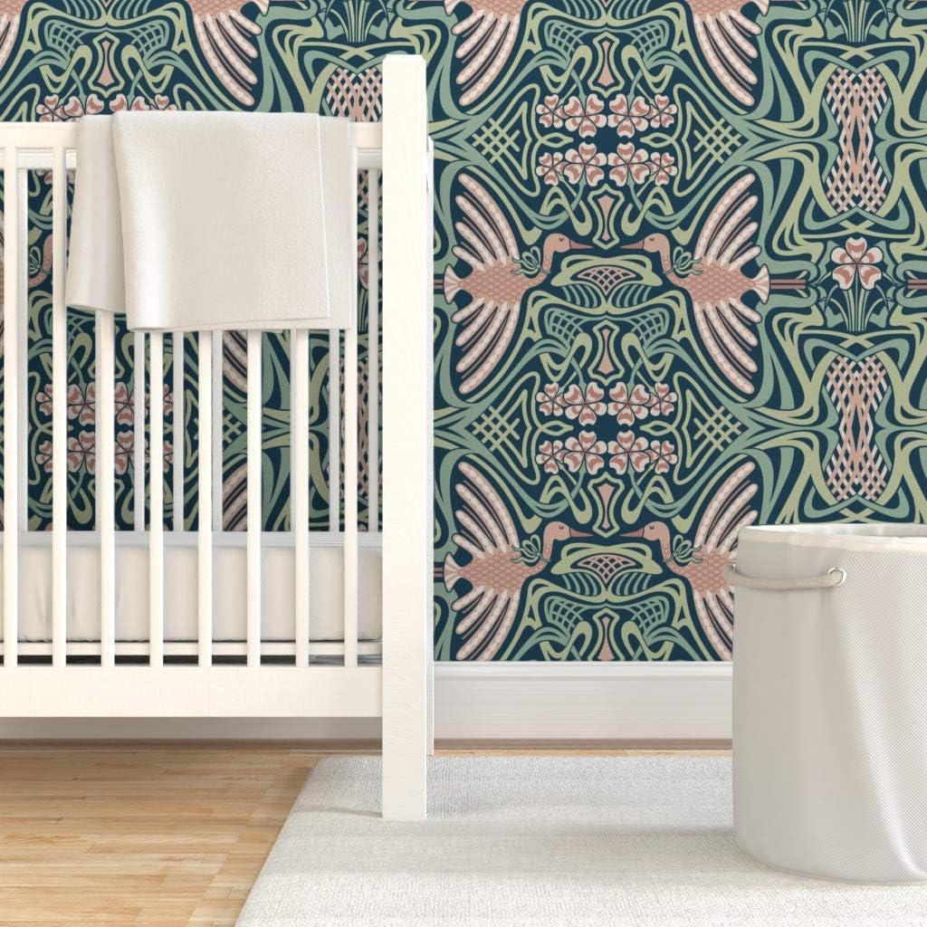 Peel & Stick Wallpaper 3ft x 2ft - Fly Crane Bird Green Pink Art Deco Mint Blush Nouveau Mauve Emerald Custom Removable Wallpaper by Spoonflower