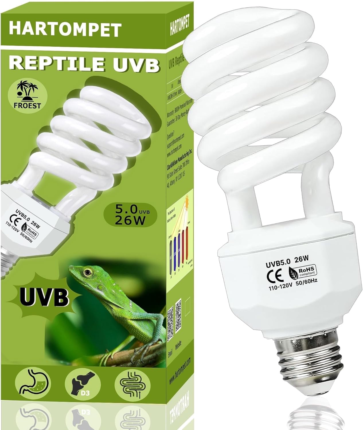 HARTOMPET 5.0 UVB Reptile Light 26W, Compact Tropical Terrarium Lamp, Coil UVB Bulb for Chameleons, Iguanas, Turtles, Rainforest Tanks & Reptile Habitat