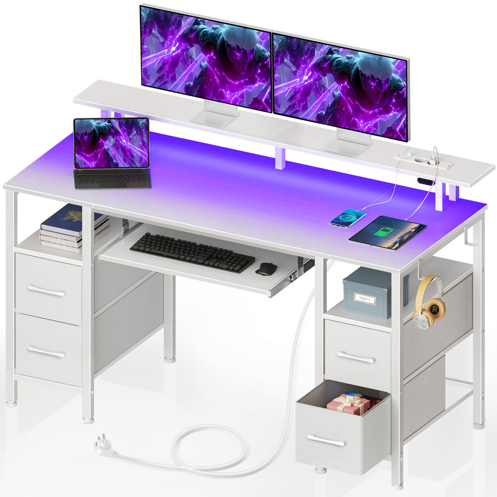 Escritorio con 4 Cajones, Escritorio Led Gaming, 2 Tomas de Corriente y 2 Puertos USB de Carga, Bandeja para Teclado, Soporte para Monitor, 120cm Escritorio para Ordenador de Oficina (Blanco)