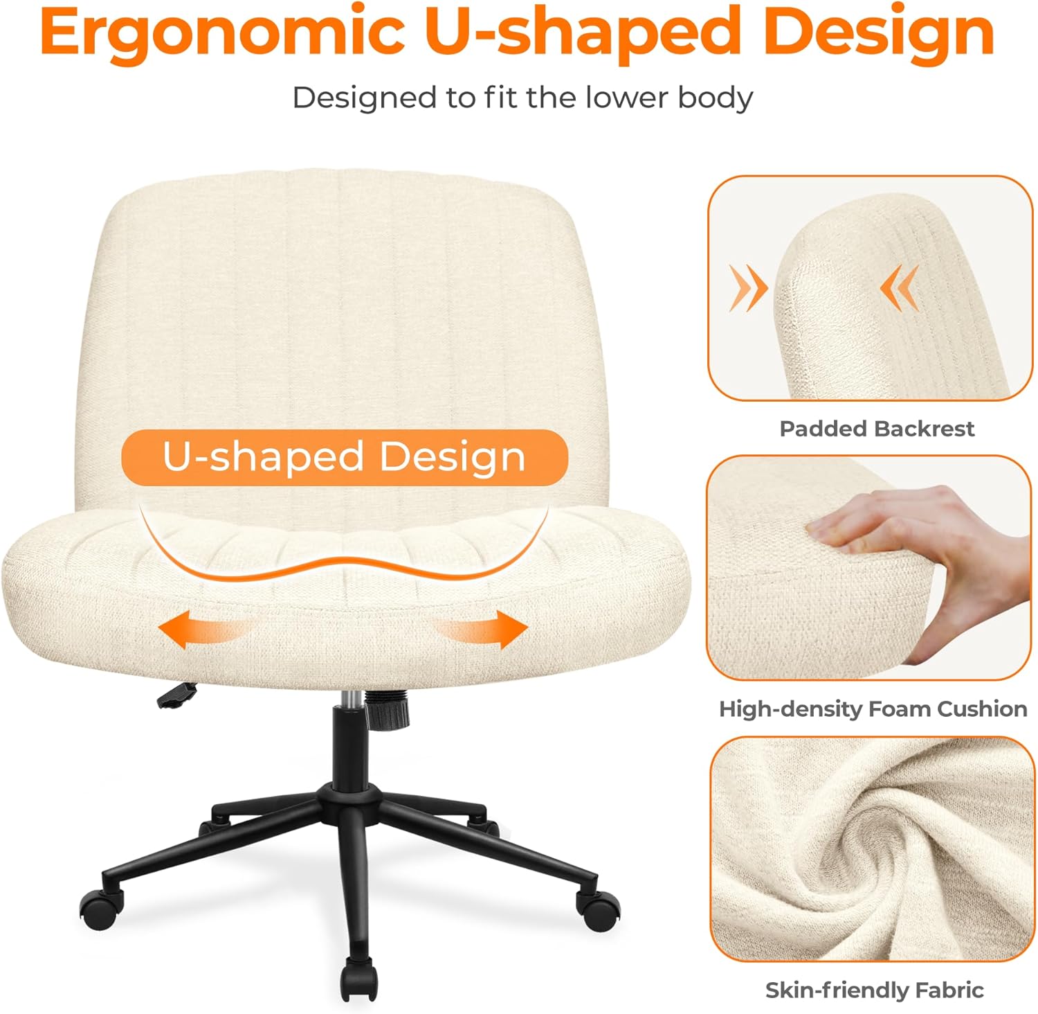 NEO Chair Criss Cross Chair with Wheels Armless Cross Legged Office Desk Wide Comfy Vanity Makeup Chair Adjustable Swivel Rolling Computer for Home Office Fabric (Beige)