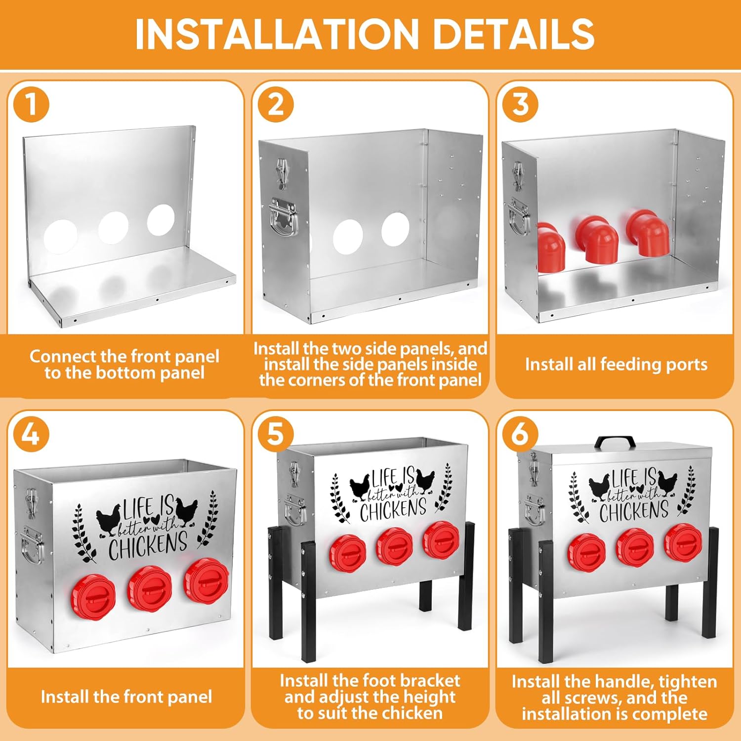 TGEYD 30 lb Chicken Feeder with 6 No-Waste Ports – Heavy-Duty Outdoor Metal Feeder with Adjustable Height, Locking Lid & Riveted Handles – Rustproof Feed Box for Poultry & Backyard Chickens
