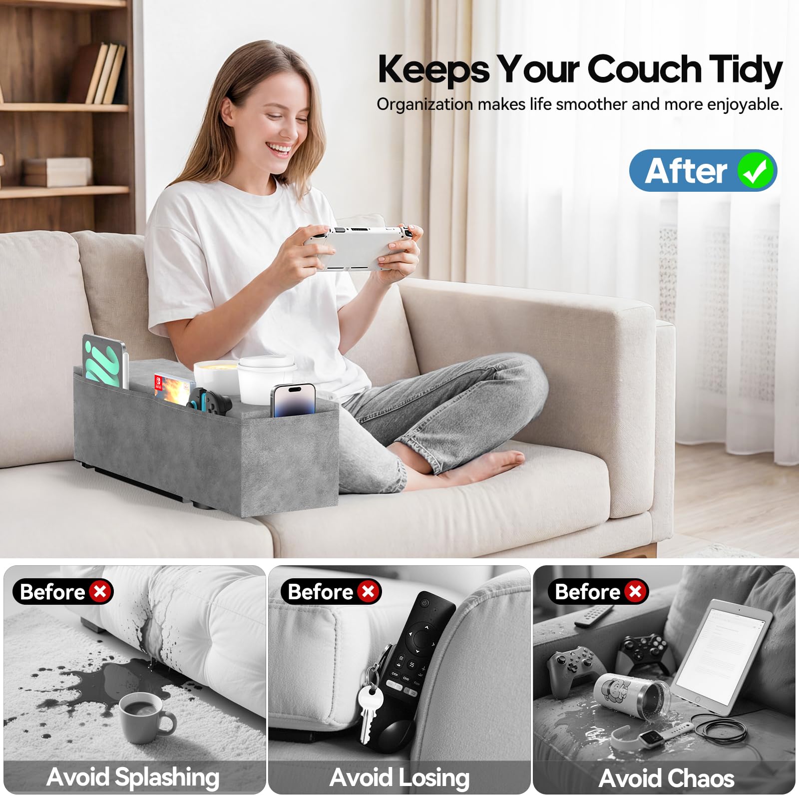Heyife Sofa Armlehnen Kissen mit Getränkehalter, Abnehmbarer Organizer mit 4 Seitentaschen & Couch Cup Holder, Sofa Zubehör Aufbewahrung für 