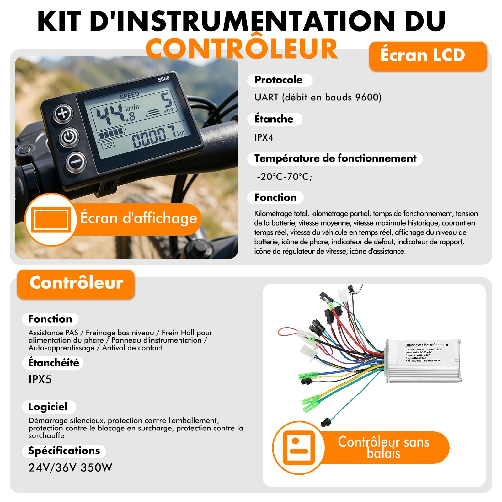 Kit de Contrôleur de Moteur sans Balais pour Vélo Électrique, 36V 48V 350W 13A Contrôleur de Moteur Brushless avec Panneau d'Affichage LCD S866 Étanche pour Trottinette Électrique