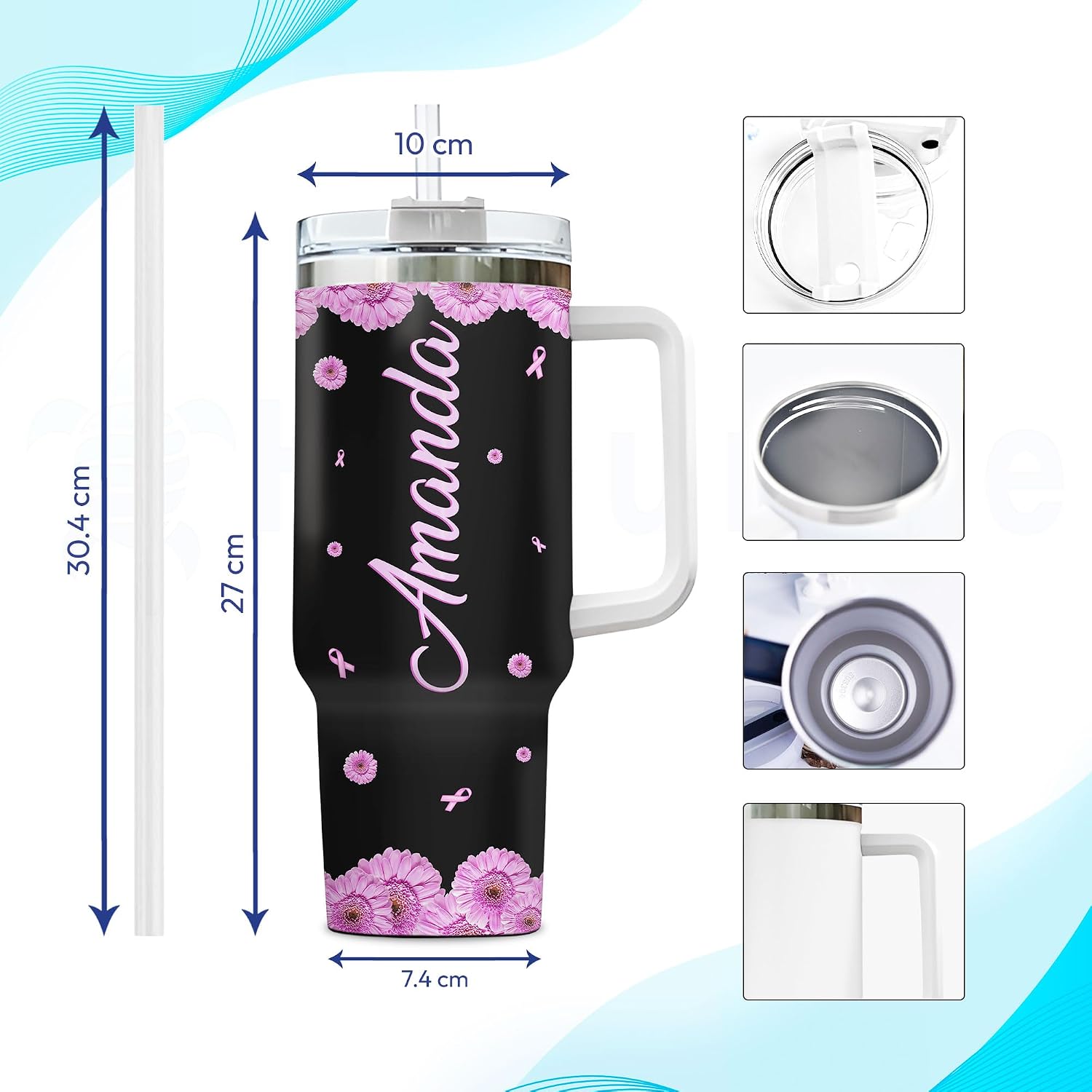 Hyturtle Personalized Gifts For Breast Cancer Awareness Tumbler 40oz with Handle and Straw - Stainless Steel Travel Coffee Cup - Motivational Gifts For Friend, Mom On Awareness Month, Christmas