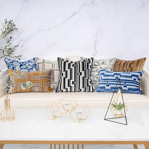 Miniatura 7 de Yangest Funda de almohada lumbar de terciopelo geométrico beige, funda de cojín moderna de lujo, funda de cojín neutral oblonga para sofá,